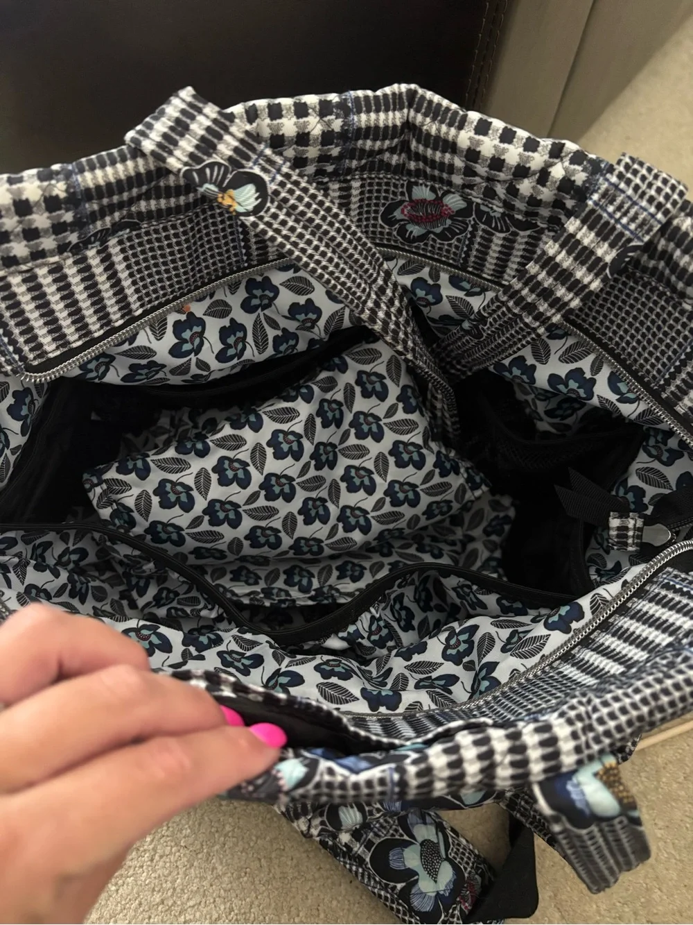 Vera Bradley Black & White Plaid Quilted Tote with Blue Floral Accents